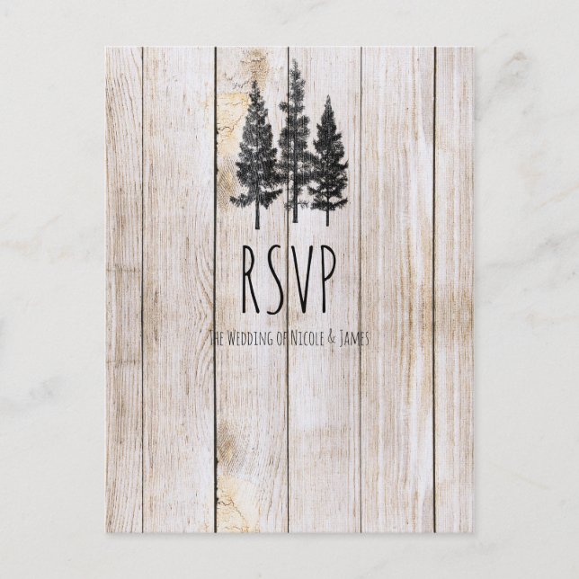 Rustic Pine Trees Wooden Simple Wedding RSVP Invitation Postcard (Front)