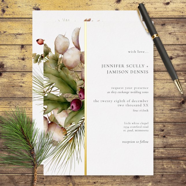 Rustic Pine Winter Bouquet Wedding (Also available with a deep red line instead of gold foil.)