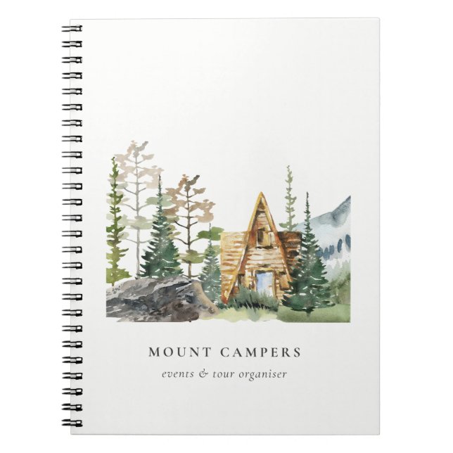 Rustic Pine Woods Watercolor Camping Mountain Camp Notebook (Front)