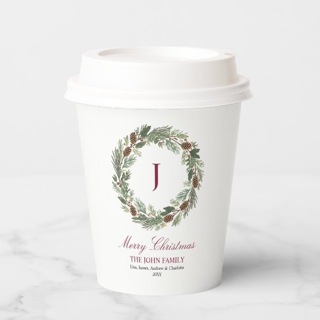 Rustic Pine Wreath Christmas Paper Cups (Front)