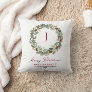 Rustic Pine Wreath Christmas Throw Pillow