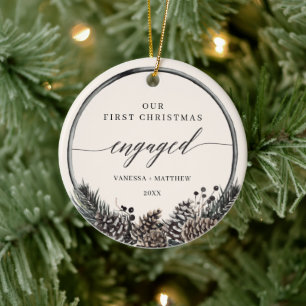 Rustic Pine Wreath First Christmas Engaged Ceramic Ornament