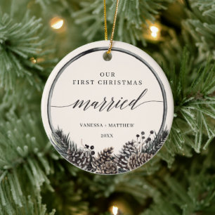 Rustic Pine Wreath First Christmas Married Ceramic Ornament