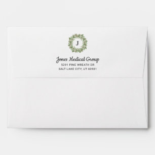 Rustic Pine Wreath Monogram Holiday Return Address Envelope