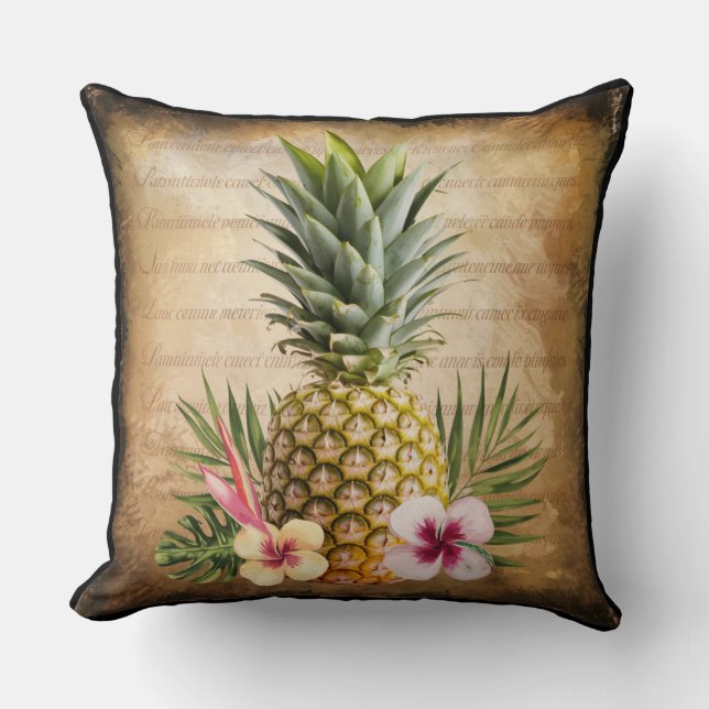 Rustic Pineapple French Calligraphy stylish Chic Throw Pillow (Front)