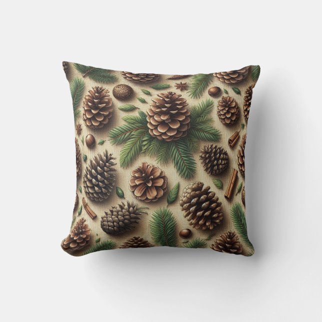 Rustic Pinecone and Greenery Burlap Christmas  Throw Pillow (Front)