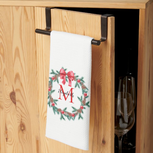 Rustic Pinecone | Bauble Christmas Wreath Monogram Kitchen Towel (Thirds Fold)