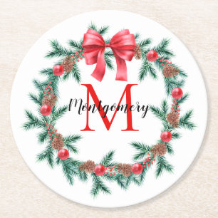 Rustic Pinecone   Bauble Christmas Wreath Monogram Round Paper Coaster