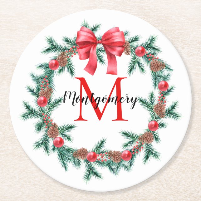 Rustic Pinecone | Bauble Christmas Wreath Monogram Round Paper Coaster (Front)
