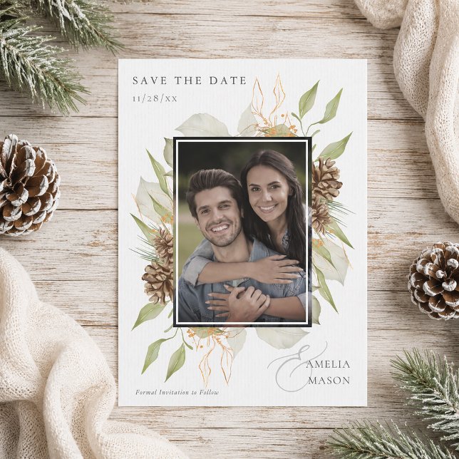 Rustic Pinecone Greenery Photo Save the Date (Rustic Pinecone Greenery Photo Save the Date)