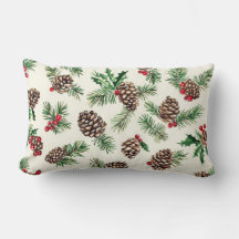 Rustic Pinecone & Holly Christmas Throw Pillow