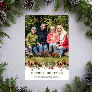 Rustic Pinecone Merry Christmas Family Photo Holiday Card
