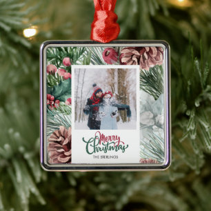 Rustic Pinecone Merry Christmas Family Photo Metal Ornament