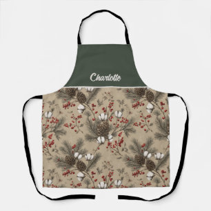 Rustic Pinecones, Cotton Sprigs and Red Berries Apron