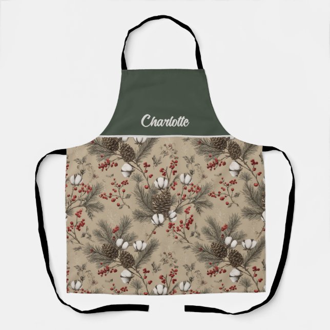 Rustic Pinecones, Cotton Sprigs and Red Berries Apron (Front)