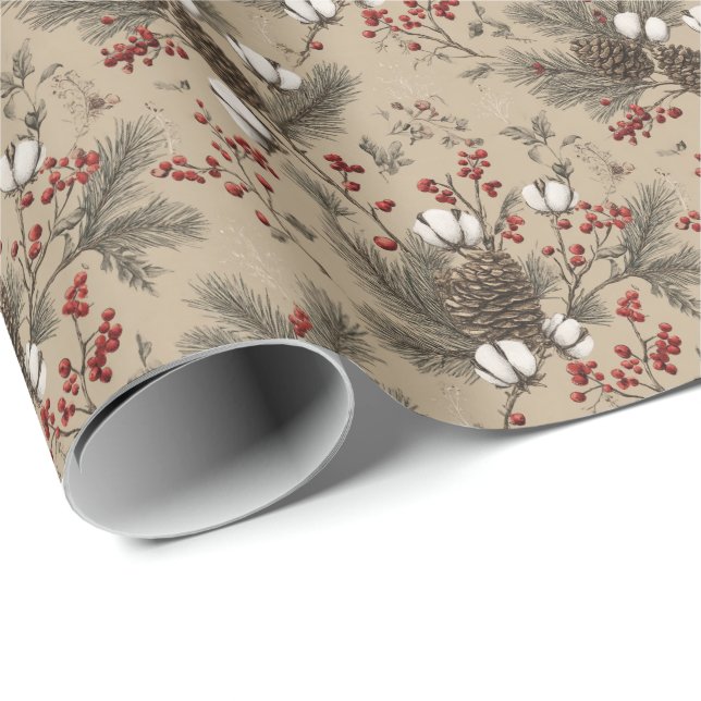 Rustic Pinecones, Cotton Sprigs and Red Berries Wrapping Paper (Roll Corner)