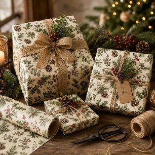 Rustic Pinecones Evergreens Holly Masculine  Wrapping Paper