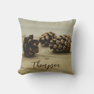 Rustic Pinecones Fall Photo Custom Family Name Throw Pillow