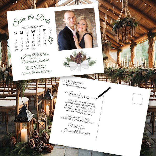 Rustic Pinecones Photo & Calendar Save the Date Announcement Postcard (Front/Back)