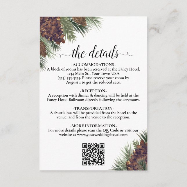 Rustic Pinecones Wedding QR Code Details Enclosure Card (Front)