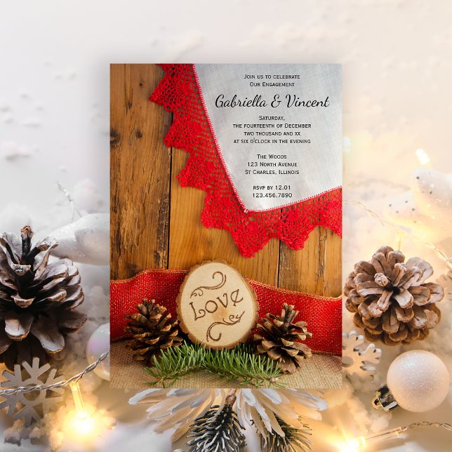 Rustic Pines and Red Lace Winter Engagement Party Invitation (Celebrate your winter engagement with the festive Rustic Pines and Red Lace Woodland Invitation.)