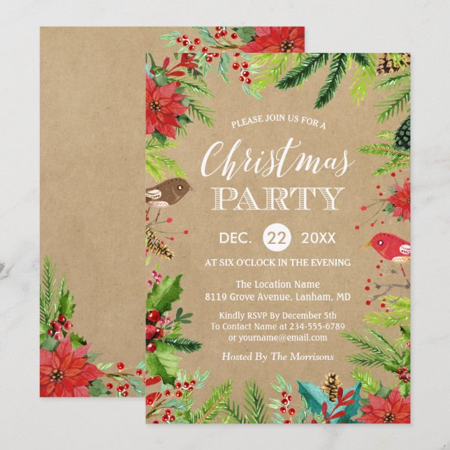 Rustic Pines Berries Floral Kraft Christmas Party Invitation (Front/Back)