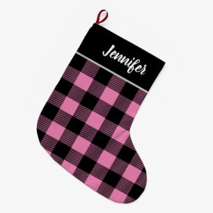 Rustic Pink and Black Buffalo Check Monogram Large Christmas Stocking