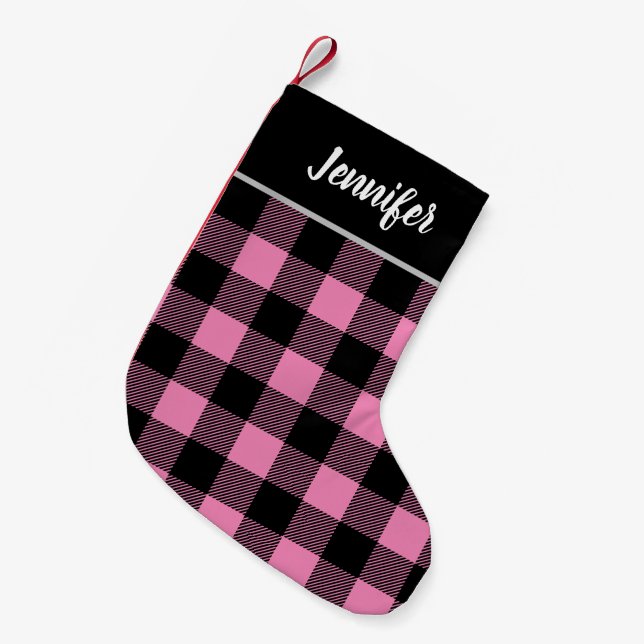 Rustic Pink and Black Buffalo Check Monogram Small Christmas Stocking (Front (Hanging))