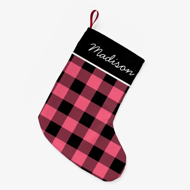 Rustic Pink and Black Buffalo Check Monogram Small Christmas Stocking (Front (Hanging))