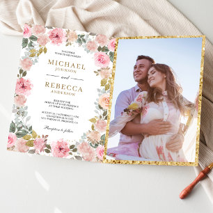Rustic Pink and Gold Floral Photo QR Code Wedding Invitation