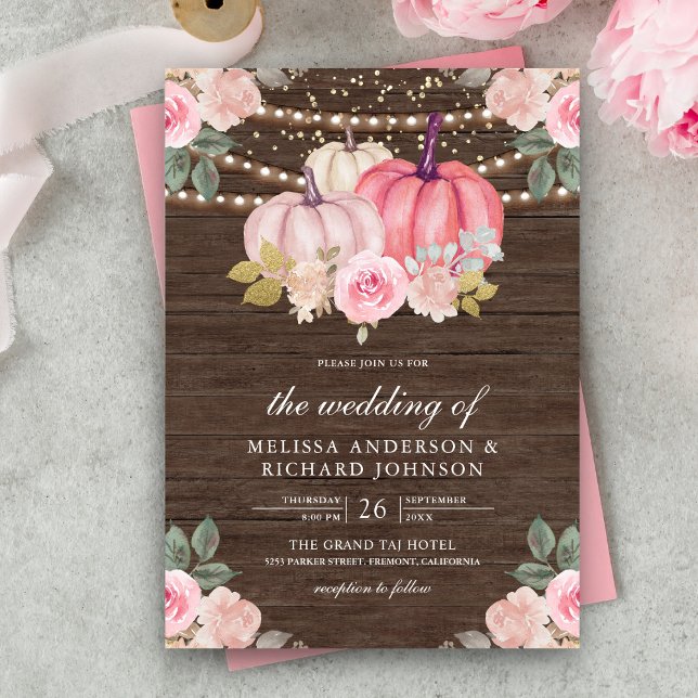 Rustic Pink and Gold Pumpkin Floral Wood Wedding Invitation (Creator Uploaded)