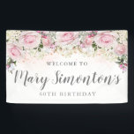 Rustic Pink and White Floral 60th Birthday Banner<br><div class="desc">Rustic and elegant. Blush pink roses,  white hydrangea flowers and lots of greenery,  leaves and vines join together to create a beautiful floral border along the top of this 60th birthday banner.  Please contact me if you need help customizing it or finding coordinating items.</div>