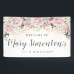 Rustic Pink and White Floral 90th Birthday Banner<br><div class="desc">Rustic and elegant. Blush pink roses,  white hydrangea flowers and lots of greenery,  leaves and vines join together to create a beautiful floral border along the top of this 90th birthday banner.  Please contact me if you need help customizing it or finding coordinating items.</div>