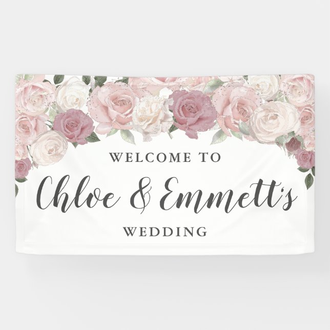 Rustic Pink and White Floral Wedding Banner (Horizontal)