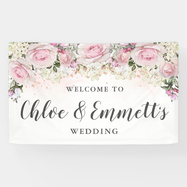 Rustic Pink and White Floral Wedding Banner (Horizontal)
