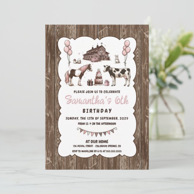 Rustic Pink Animals Birthday Party Invitation (Standing Front)