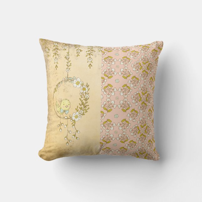 Rustic Pink Baby Girl Floral Polka Dot Nursery Throw Pillow (Front)