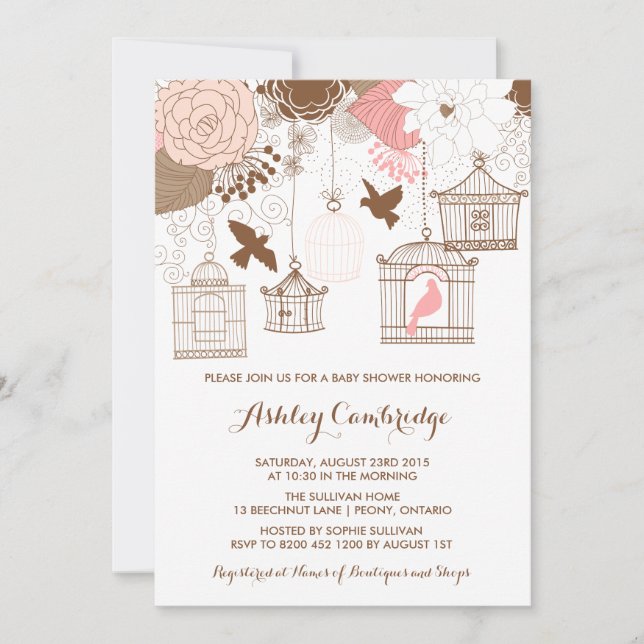 Rustic Pink Birdcages Baby Shower Invitation (Front)