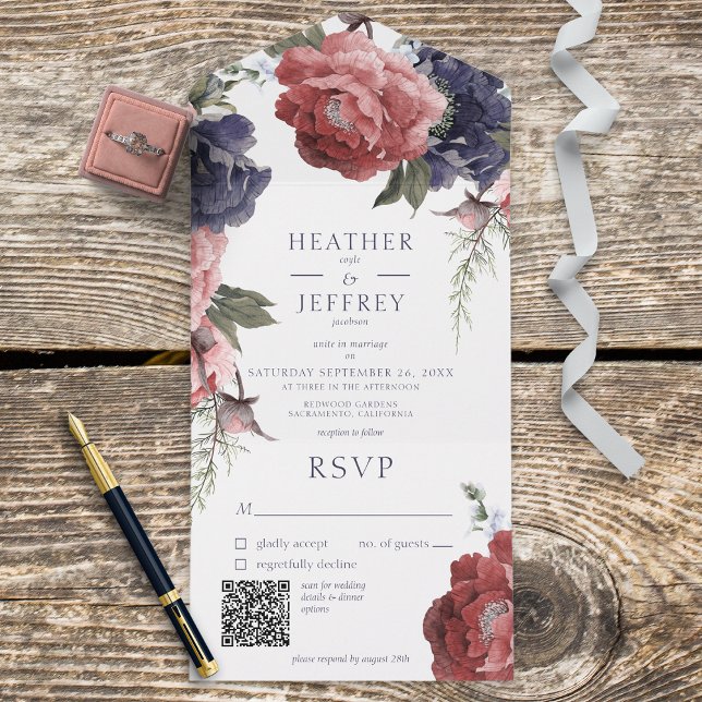 Rustic Pink & Blue Peonies White QR Code All In One Invitation (Also available without a QR code; with or without dinner selection options.)