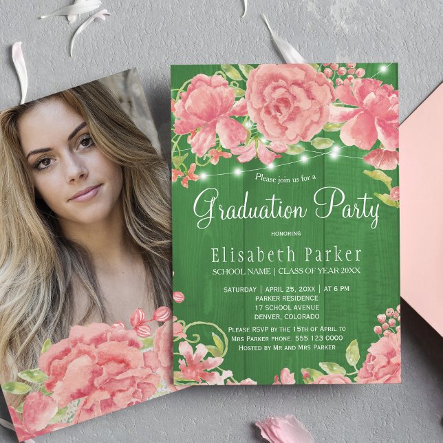 Rustic pink blush peonies PHOTO graduation party Invitation (Creator Uploaded)