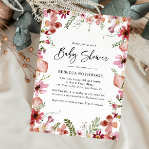 Rustic Pink Boho Pressed Floral Baby Girl Shower Invitation