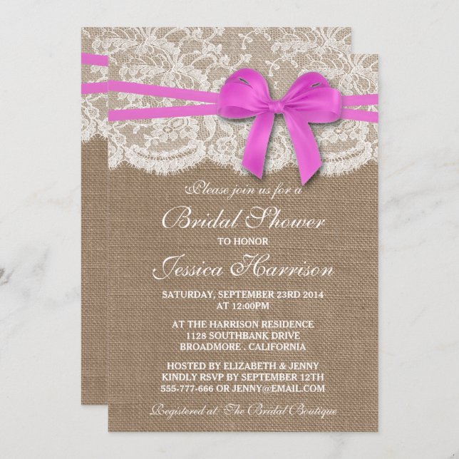 Rustic Pink Bow, Burlap & Lace Bridal Shower Invitation (Front/Back)