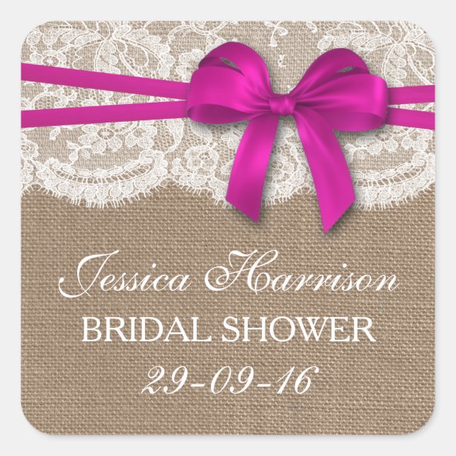 Rustic Pink Bow, Burlap & Lace Bridal Shower Square Sticker (Front)