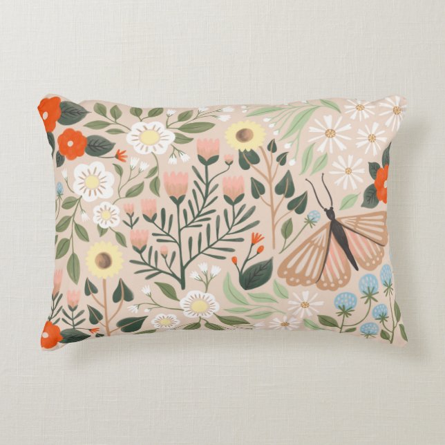 Rustic Pink Brown Boho-Chic Floral Butterfly Art Accent Pillow (Front)