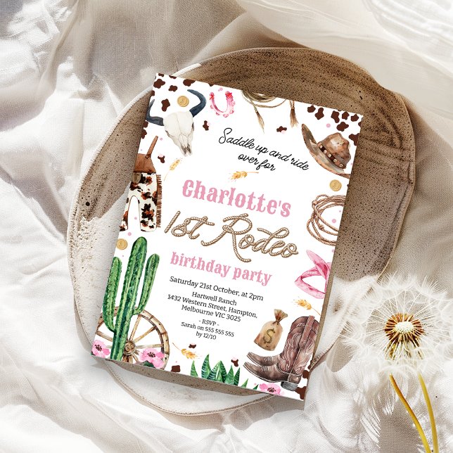 Rustic Pink Brown Girls 1st Rodeo 1st Birthday  Invitation (EDITABLE Girls First Rodeo Birthday Invitations, Rustic Southern Country Cowgirl First Birthday)