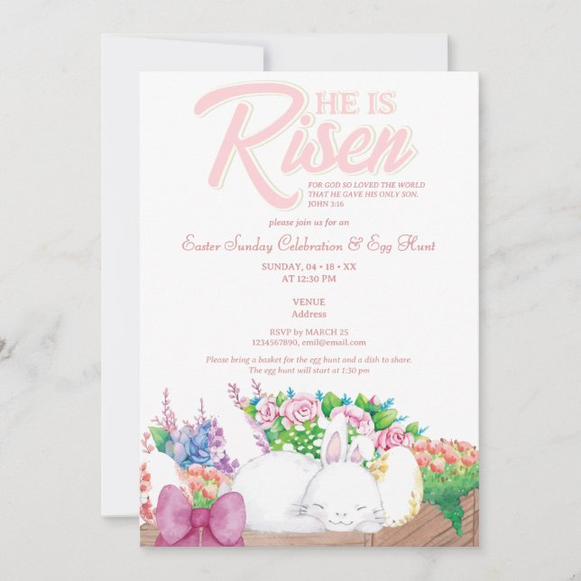 Rustic Pink Bunny He Is Risen Religious Easter Invitation (Front)