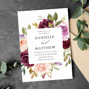 Rustic Pink Burgundy and Purple Floral Wedding Invitation