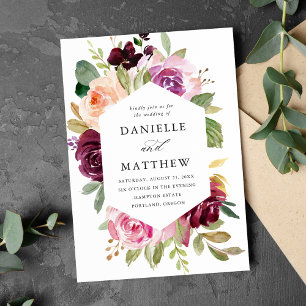 Rustic Pink Burgundy and Purple Floral Wedding Invitation