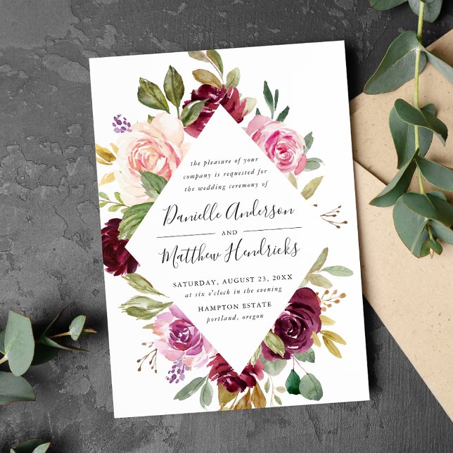 Rustic Pink Burgundy and Purple Floral Wedding Invitation (Creator Uploaded)