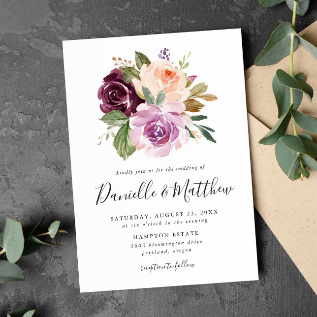 Rustic Pink Burgundy and Purple Floral Wedding Invitation (Creator Uploaded)